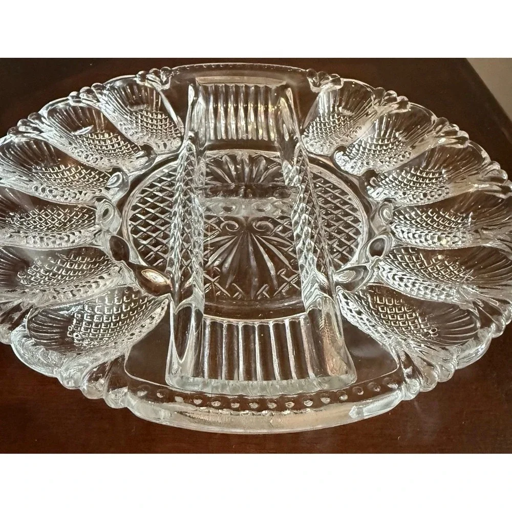 Vintage Clear Pressed Glass Deviled Egg Platter Sunburst Serving Tray